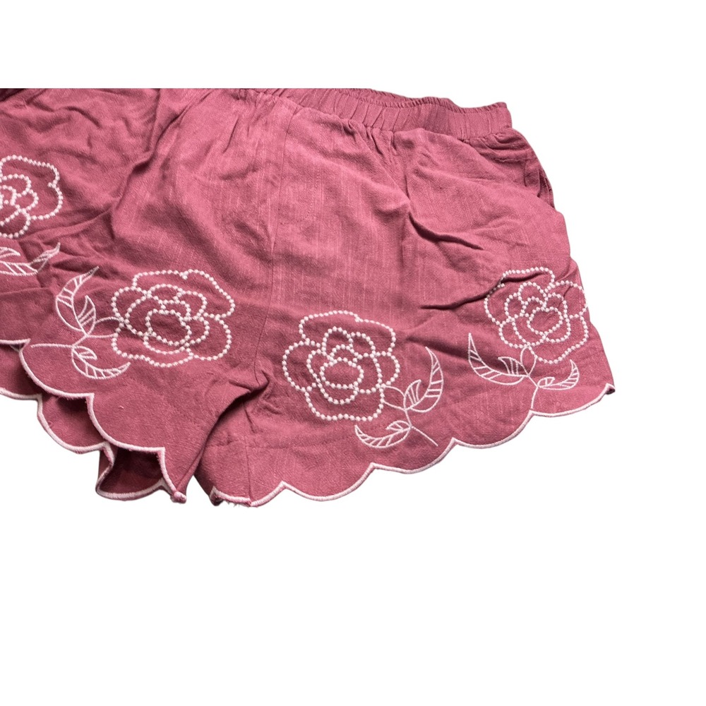 Dusty Rose Floral Embroidered Scalloped Hem Linen Blend Shorts Womens XL - Picture 3 of 15